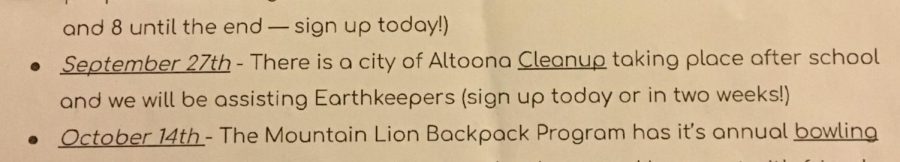 Community Service! Student Council and Earthkeepers Club will be helping clean up the city of Altoona on Sept. 27.