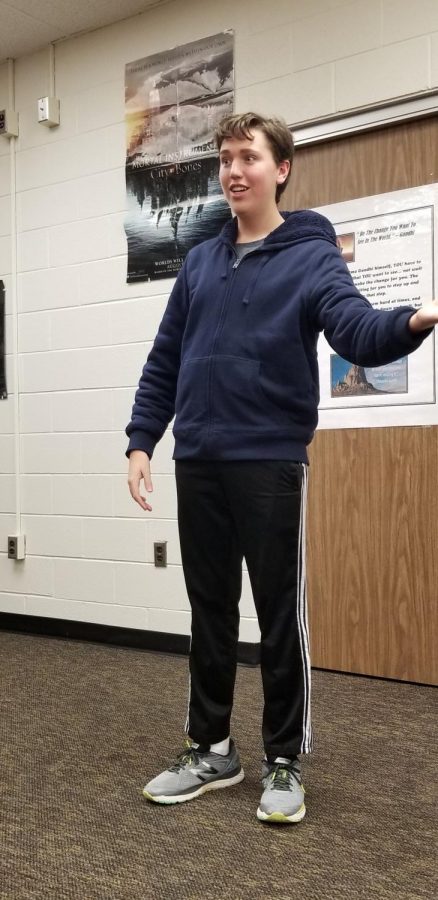 Sophomore, Alex Thaler, presents his speech to Mike Steininger, so he can get feedback on his presentation.  Thaler chose the category of extemporaneous because he thinks quickly on his feet and can organize his thoughts quickly. 