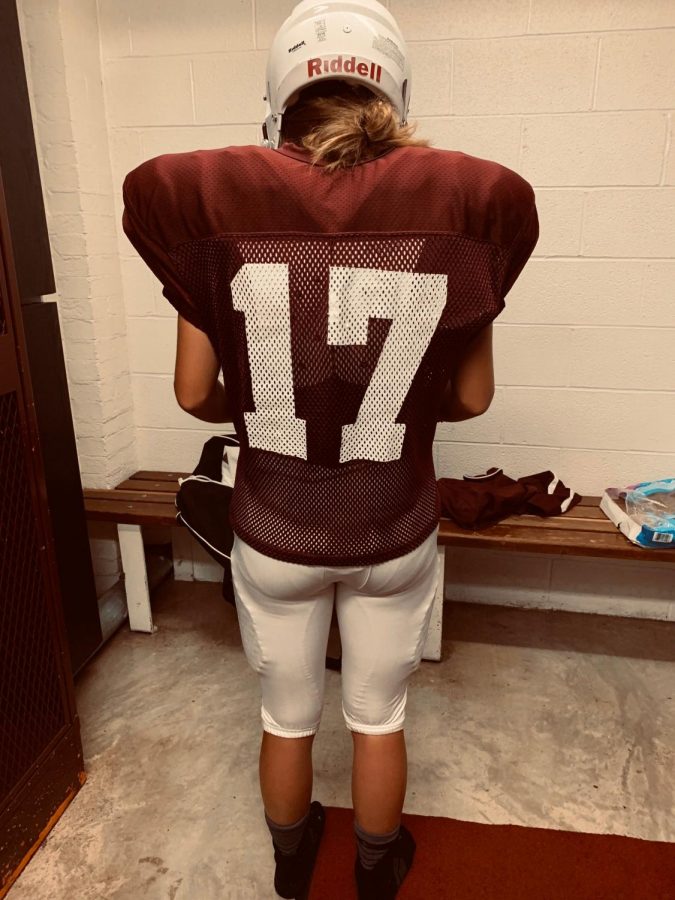 Morgan Sarver plays #17 for the football team.  Sarver weightlifted last year, but she decided to become the kicker this year.  