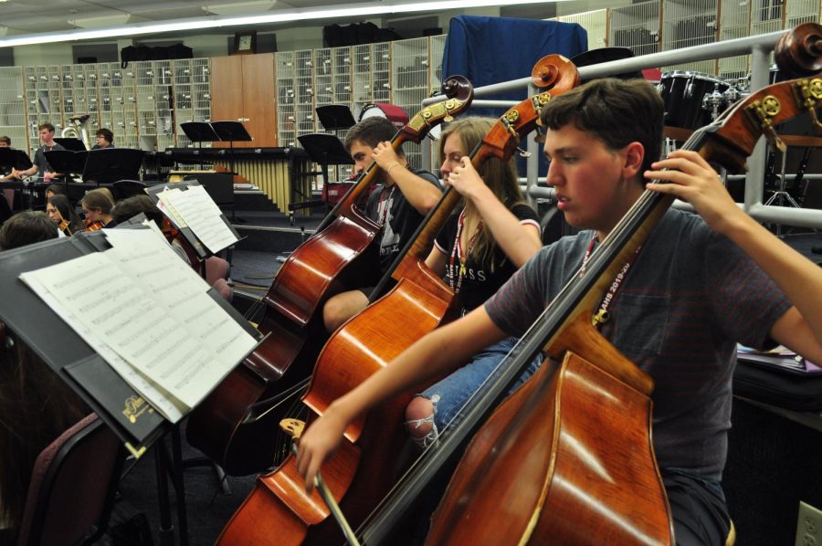 String music! 
Junior Alex Thaler plays his bass during class. The orchestra is getting ready to play in the concert.