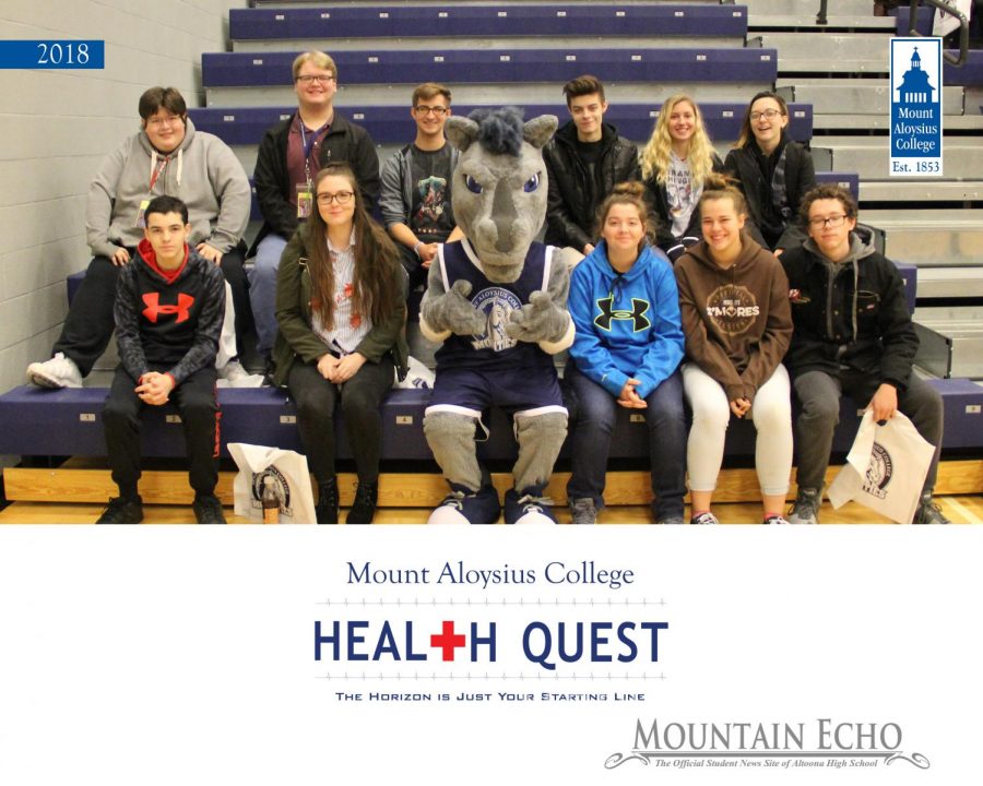 The picture features (front row left-right SOAR members) Derek Stacey, Victoria Shoeman, Alyssa Paige, Ian Pielmeier (back row left-right) Vincent Restauri, Anthony Burd, Nathan Benton, James Leake, Selena Haselbarth and Dunan McHenry.  These students attended Health Quest day at Mount Aloysius College last year.  