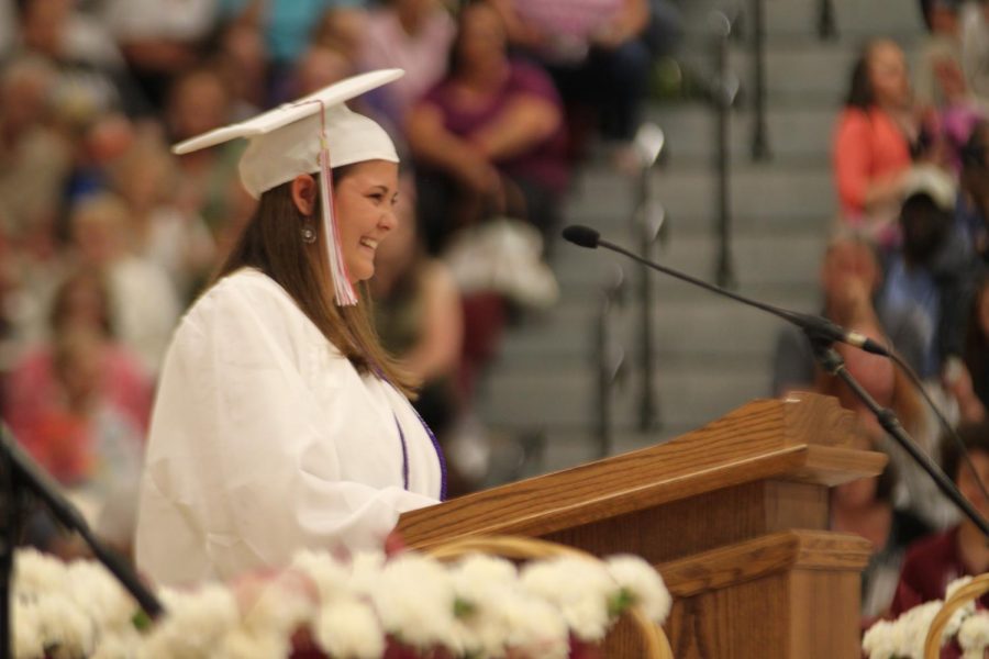 We did it! A 2019 senior gives a speech to her graduating class. This year a virtual graduation will be played on June 5 and a live commencement is planned for July 25.