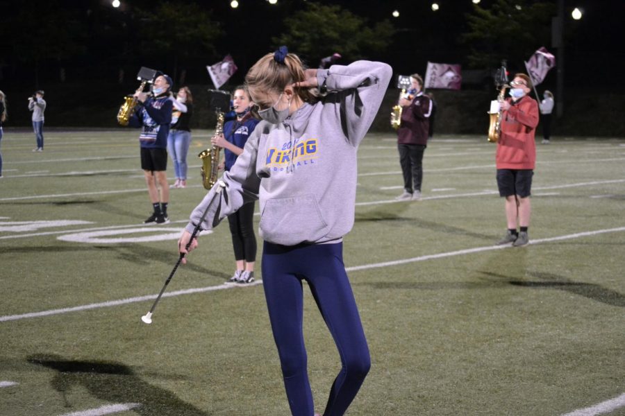 Senior Caley Galarneau poses in preparation for the first game of her senior year.   Im going to miss performing with all of my friends, Caley Galarneau said. Caley is this years majorette captain.