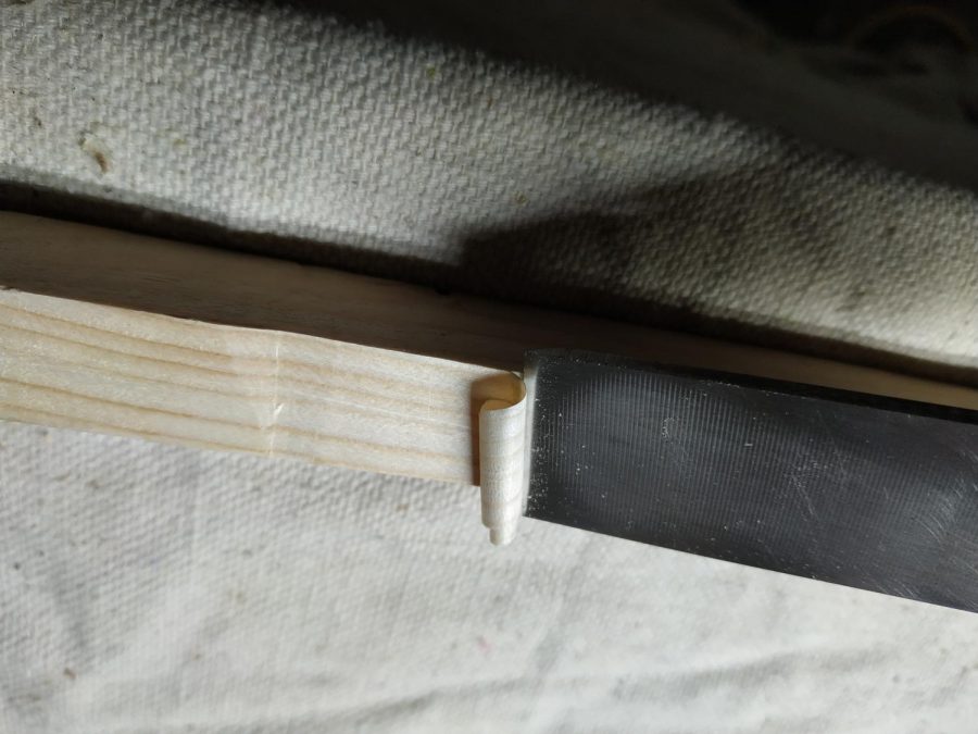 This is a chisel that Rokosky sharpened when making a shaving of wood.