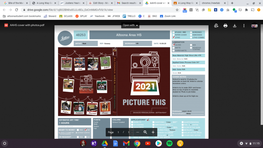 Picture this! This draft of the 2020-2021 yearbook cover shows the planning involved. Picture This is the theme the book will display Polaroids and photography most prominently. 