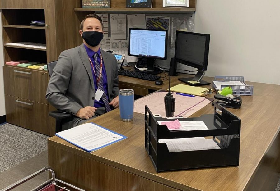 Cheese! Shane Cowher smiles for his picture at his office in the A building after his interview.  Cowher accepted a position at as Tyrone Middle School principal and will be leaving Altoona.