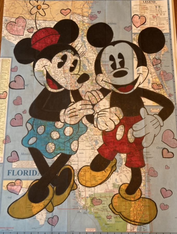 Mickey and Minnie. 
Lane makes a piece of Mickey and Minnie for her AP Art portfolio. She is doing all pieces for her portfolio of places that are important to her. Florida is important to me because some of my best childhood memories were made with my family when we went on vacation to Disney, Lane said.