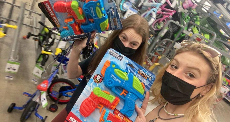We got it! Seniors Abbie Starr and Ashley Steinbugl take a selfie while buying their water guns. Starr and Steinbugl lasted until the third round. 