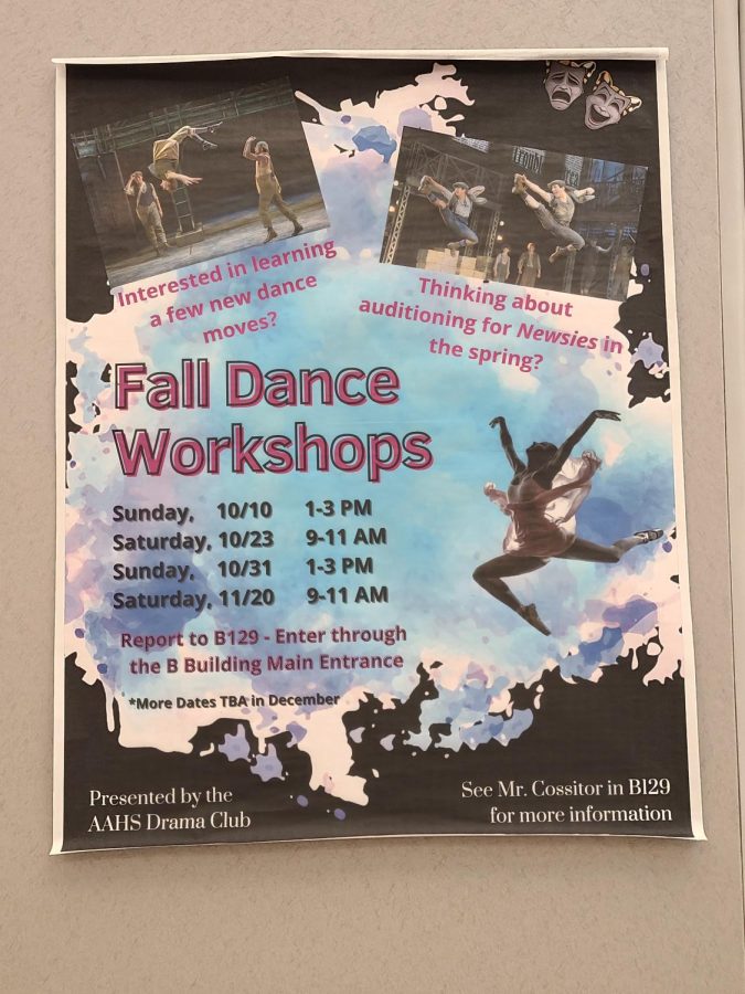 Dancing. The fall dance workshop posters hang around the building. The Drama Club hosts these lessons on select Saturdays and Sundays. 