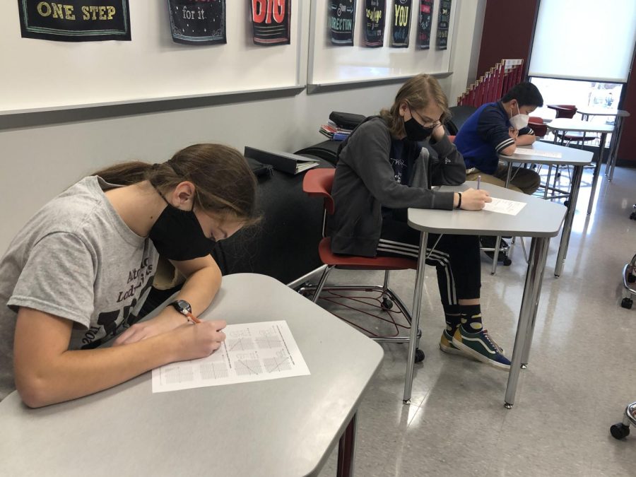 Focusing. Isabella Abbott, Caleb Terza and Jamin Dong work on a test in their Algebra II class. They all work hard to get good grades in the class and continue advancing in their math currculum.