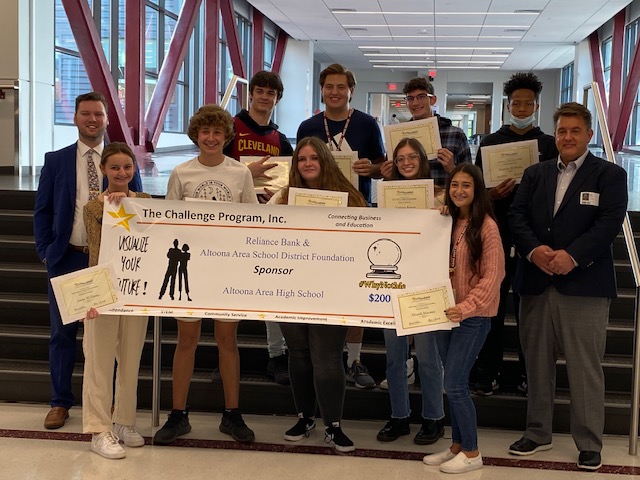The Challenge Assembly winners pose with their huge check.  This years winners included: Jacob Condron, George Boutiller, Maurice Williams, Aiden Palilla, Quinn Mosebey, Ian Kennedy, Nick Schimminger, Jenna Williams, Vanessa Roman, Samantha Chestnut, Mayah Marasco, Kaitlyn Lightner, Chadric Flarend, Hunter Rossman and Daniel Batrus.