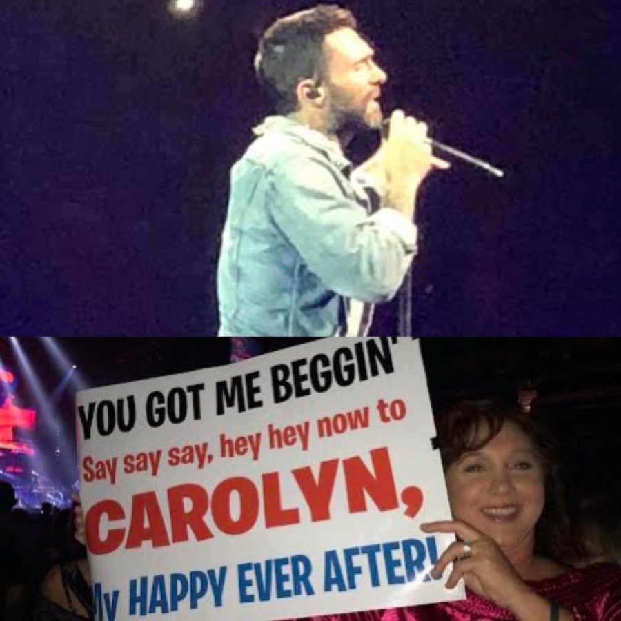 You got me beggin Carolyn Kline holds up her sign at a Maroon 5 concert. She went to the event to see her favorite artist, Adam Levine. 