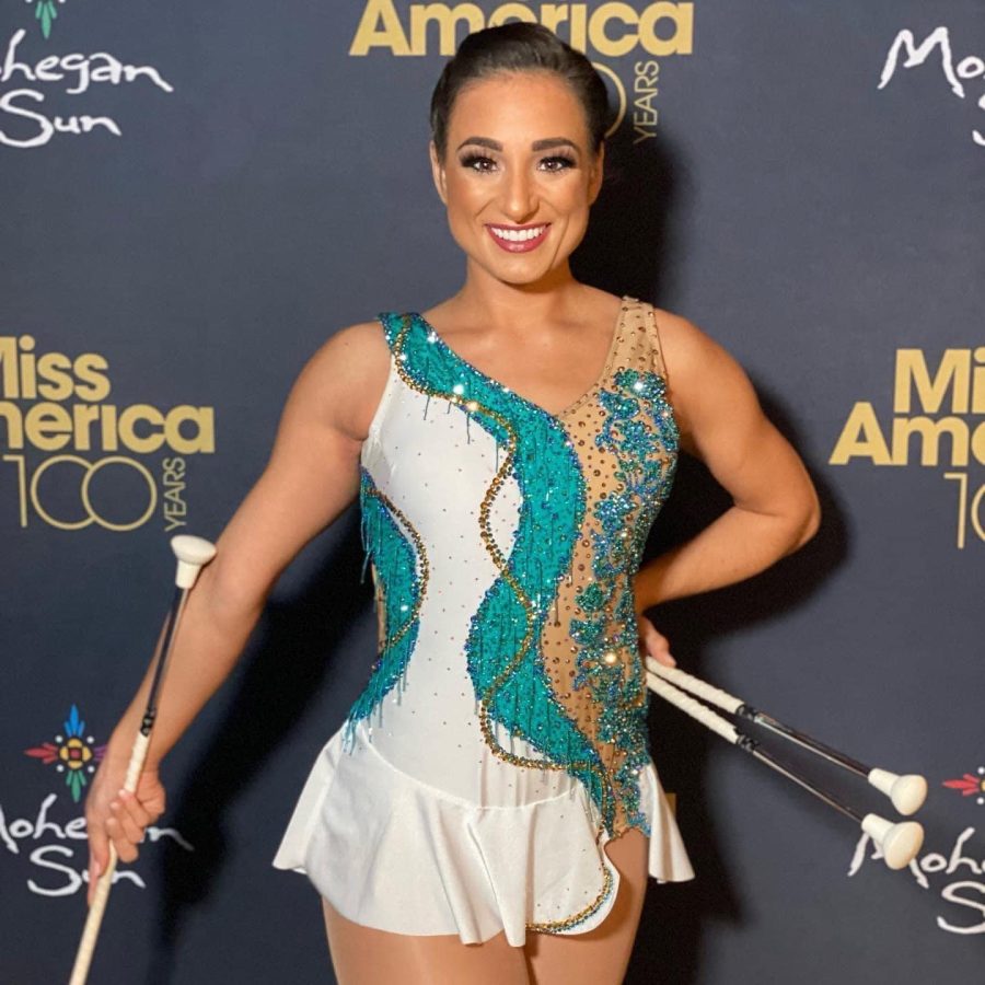 Strutting her stuff!  Altoona Alum, Meghan Sinisi poses on the Miss America red carpet in her baton twirling costume. She performed a twirling routine as her talent. 