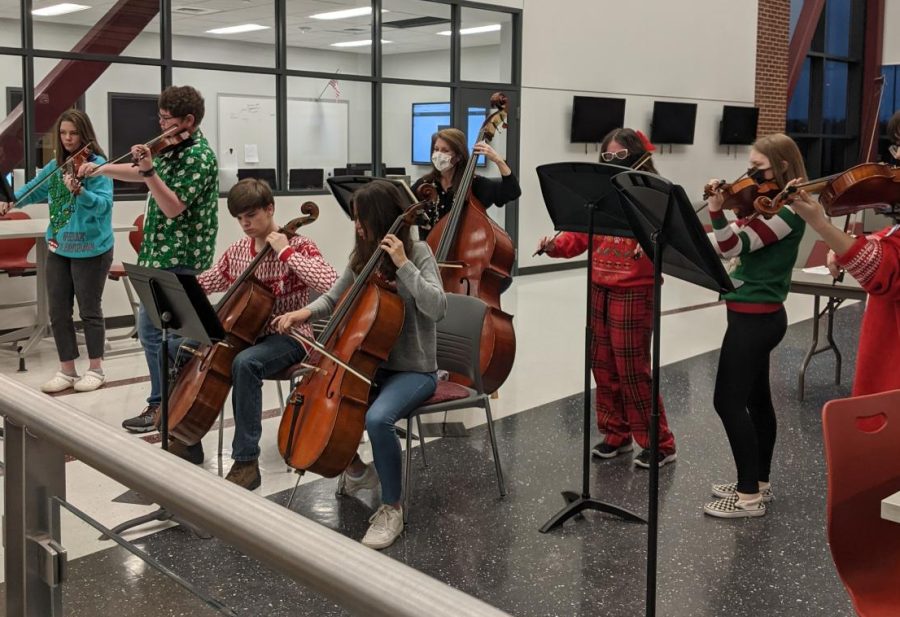 The string ensemble plays the day before Christmas break. The students who participated in districts orchestra traveled to Mifflintown, PA to play with other schools in a streamed concert.
