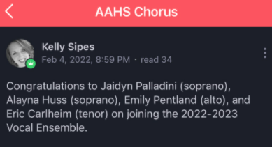 We did it. Four members of the concert chorus had been selected to be a part of Vocal Ensemble for the 2022-2023 school year. 