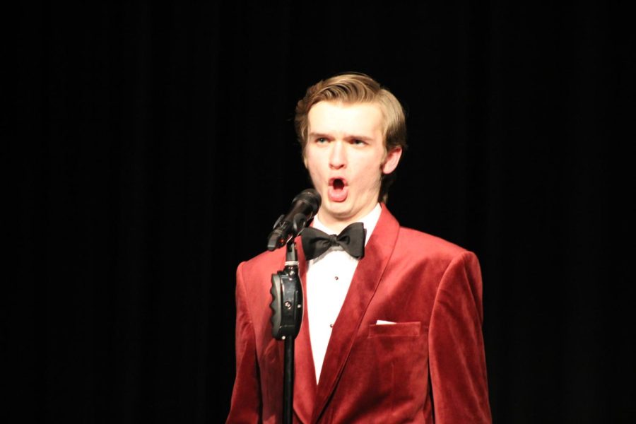 At the opera. 
Senior Luke Rokosky sings an opera piece during the talent show. His piece won first place. 