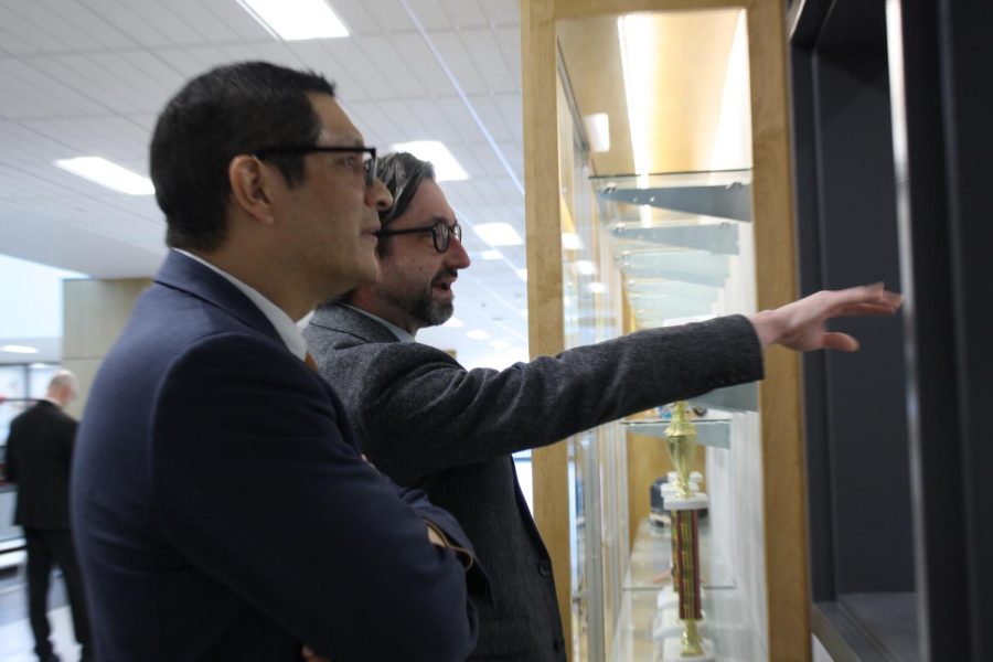 Check it out. Principal Andrew Neely shows Secretary of Education Noe Ortega one of the new science rooms in the B building. One of the reasons Ortega came to the school was to see the advancements that the school has made with the new B building. 