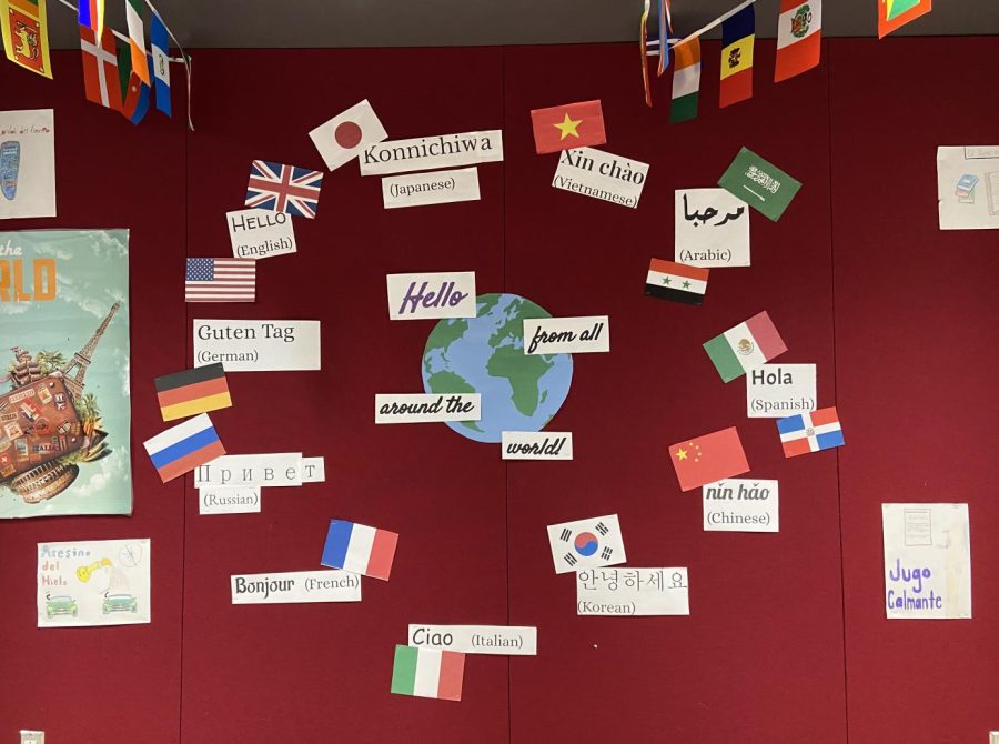 Hello world
In the language department, the language teachers have constructed a wall with different ways to say hello in multiple languages. The teachers range from Spanish, French and German speaking classes.