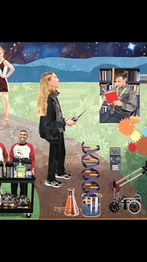 One section of the mural features a student flying a drone with a remote control.