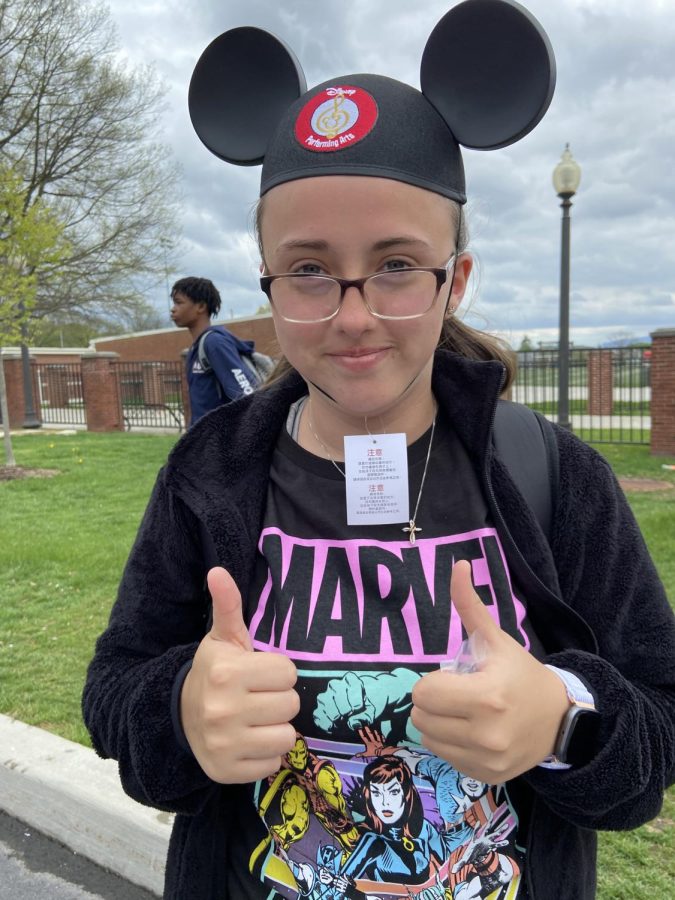 As senior Destiny Montgomery returns from Disney, she poses with her Mickey Mouse ears. Montgomery was able to attend the field trip due to her dedication to the majorettes corp. 