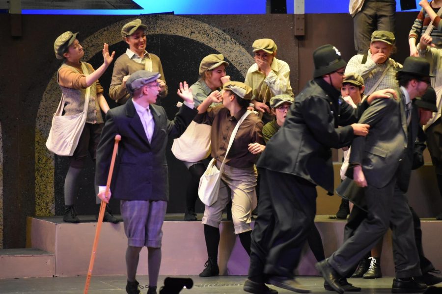 See you never. Cast members wave goodbye as Snyder acted by Junior Dylan Gallo . Snyder was the character who was always after the Newsies. 