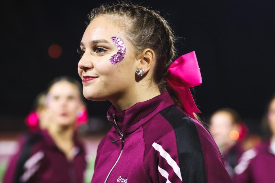 Go pink Lioneer Grayson Pellegrine wears a pink bow to support breast cancer awareness.  Pellegrine added pink glitter to her face to show that she was supporting the cause. 