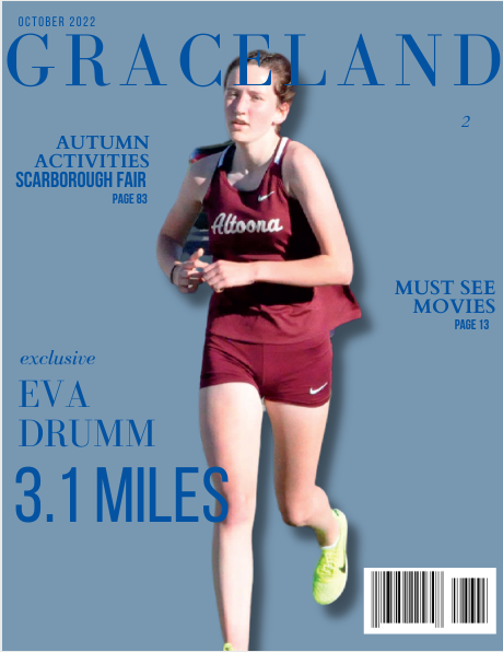 Introduction to Publication students designed magazine covers to feature journalism students.  Gracie Gioiosa designed this cover to feature Eva Drumm.