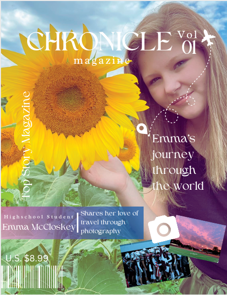 Introduction to Publication students designed magazine covers to feature journalism students.  Callista Faber designed this cover to feature Emma McCloskey.
