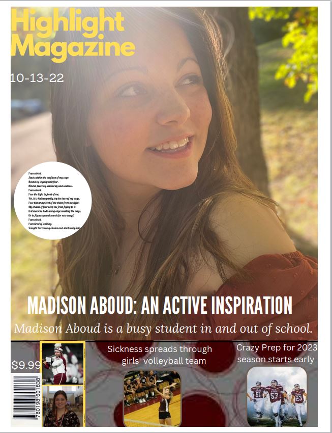 Introduction to Publication students designed magazine covers to feature journalism students.  Mason Dale designed this cover to feature Madison Aboud.