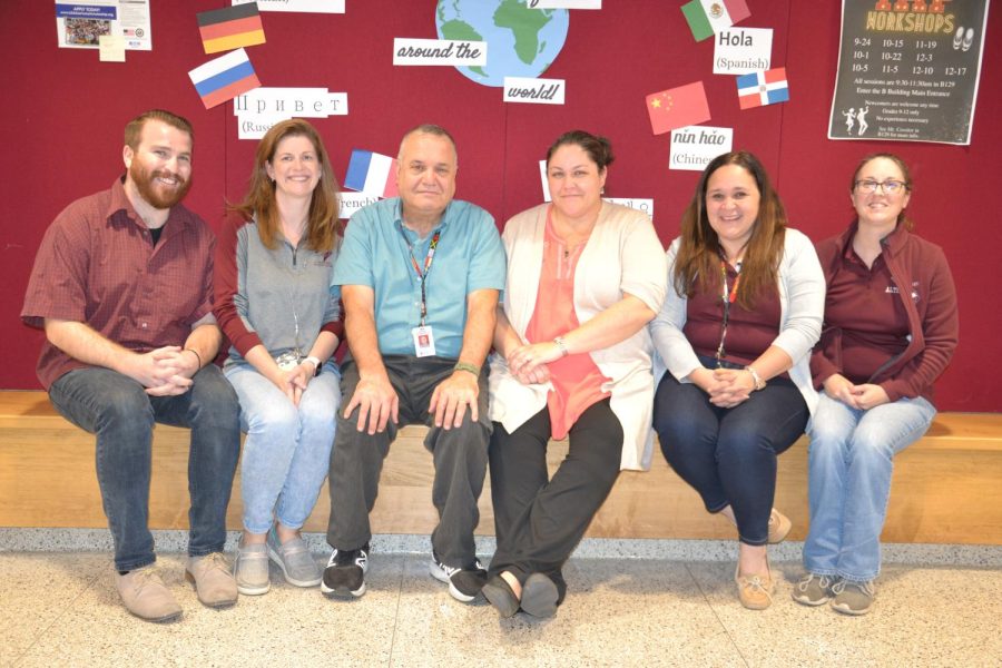 ¡Hola! Guten Tag! Bonjour! The World Languages department poses for a photo. From left to right: Dane Leone, Sandra Mitchell, Mark Petrarca, Veronica Skomra, Patricia Leonard and Jessica Patton.