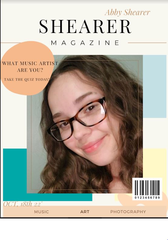 Introduction to Publication students designed magazine covers to feature journalism students.  Aaliyah McGee designed this cover to feature Abigail Shearer.