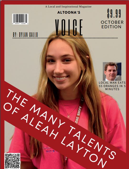 Introduction to Publication students designed magazine covers to feature journalism students.  Dylan Gallo designed this cover to feature Aleah Layton.