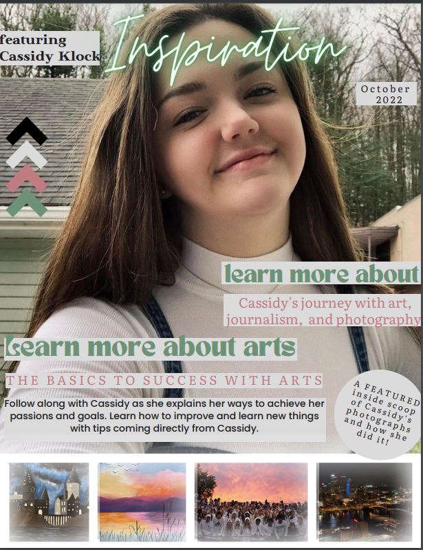Introduction to Publication students designed magazine covers to feature journalism students.  Marli Closson designed this cover to feature Cassidy Klock.