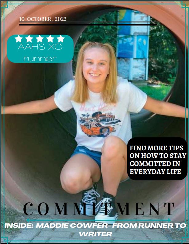 Introduction to Publication students designed magazine covers to feature journalism students.  Megan Shultz designed this cover to feature Madison Cowfer.