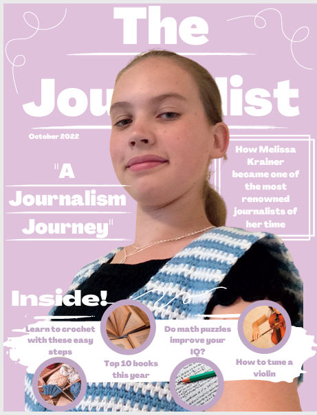 Introduction to Publication students designed magazine covers to feature journalism students.  Camille Krug designed this cover to feature Melissa Krainer.