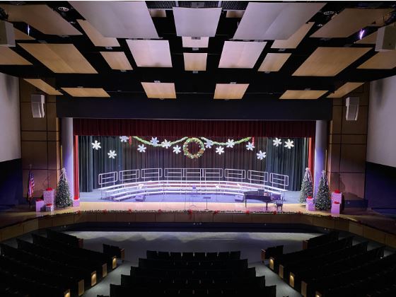 The auditorium sits waiting for the performance.  Special decorations were hung.