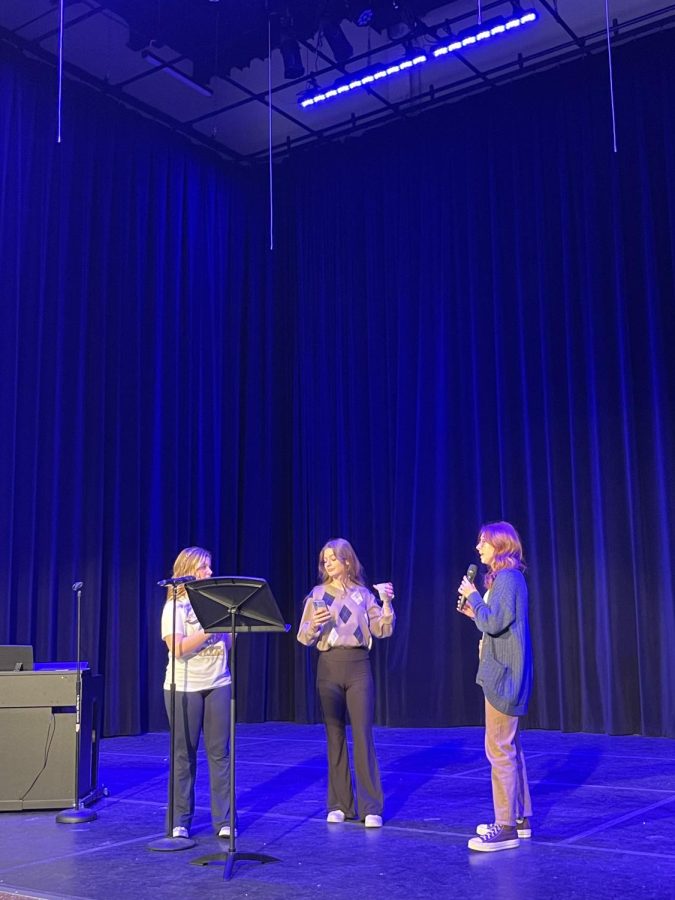 To freedom. Senior Keira Mayhue, senior Gracie Crider and sophomore Sky Rutherford performed “The Story of Tonight” from the Broadway musical Hamilton. Hamilton’s first performance was Jan. 20, 2015.