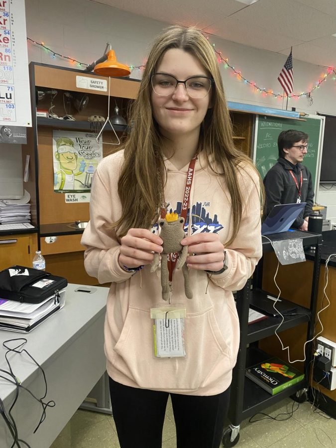 Pose! Lauryn Ryan takes a break from working to pose with one of the props she found in eighth period. Kirbys second, sixth and eighth period classes are doing the project. 