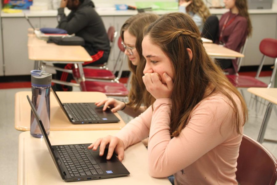 Sophomore Karinna Wolfe finalizes her  website project for English class. Wolfes project was on the existence of God. After that class finished they did a day called the Webbi Awards and presented their projects. 