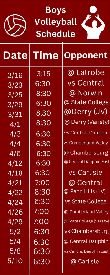Schedule. The boys volleyball team will have 20 matches this season. District championships will be held May 16. 