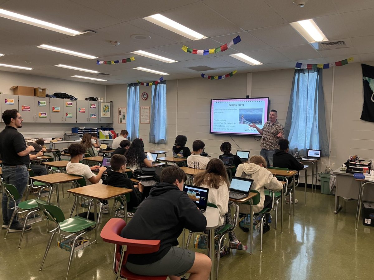English teacher, Jordan Corman,  co-teaches with Bradley Scherden. The second period class focuses on learning new vocabulary. The teachers engage students by giving real life examples. 