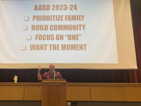 New Goals Superintendent Brad Hatch speaks to the entire district at the opening meeting on August 21.  Hatch detailed his plans for the district.  