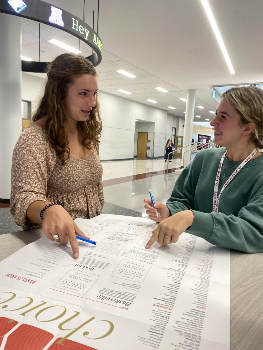 Starting Fresh. Hard at work,  senior Olivia McMinn and junior Rylie Keagy pick fonts that will be going into the new yearbook. This years yearbook theme is Moving Mountains.