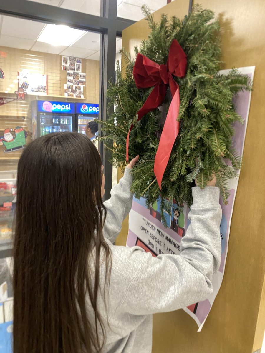 Holiday Spirit. Decking the halls, junior Haley Tanzi decorates the student store. Tanzi hung a wreath to help store managers and students get in the holiday spirit.