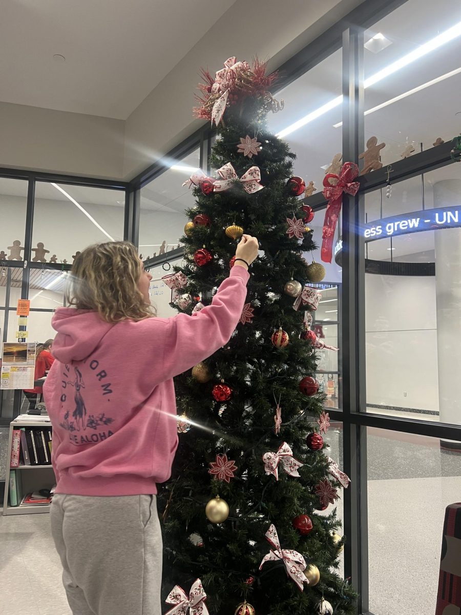 Spreading cheer. Junior Rylie Keagy helps decorate a Christmas tree during second period. Keagy is an editor for the yearbook and spends most of her time in adviser Wanda Vanish’s classroom.