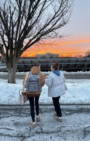 Rise and shine. Seniors Abigail Miller and Jaynie Estlow walk into school to begin the third marking period. The two girls are prepared to graduate in May.