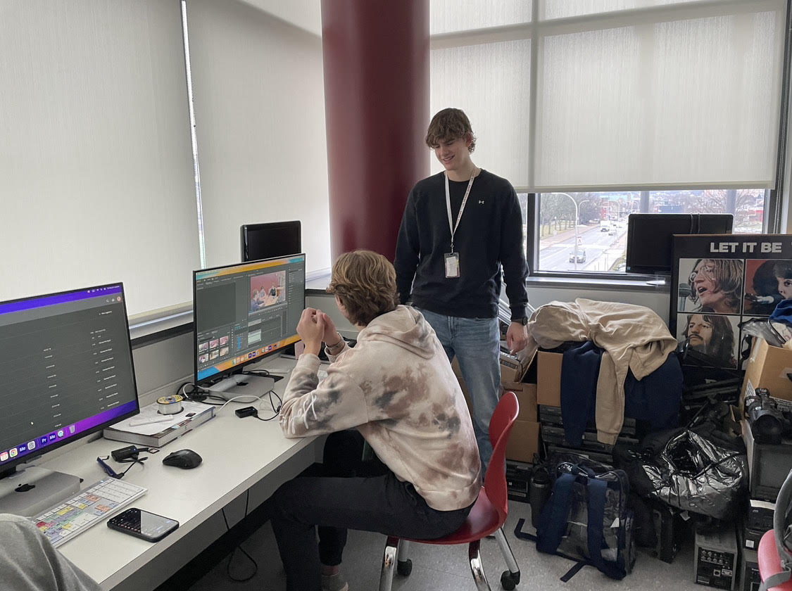 Digital media. Senior Caleb Fries and Junior Luke Mitchell work on an edit for Mountain Lion Television. A high speed computer is needed to complete this task efficiently.