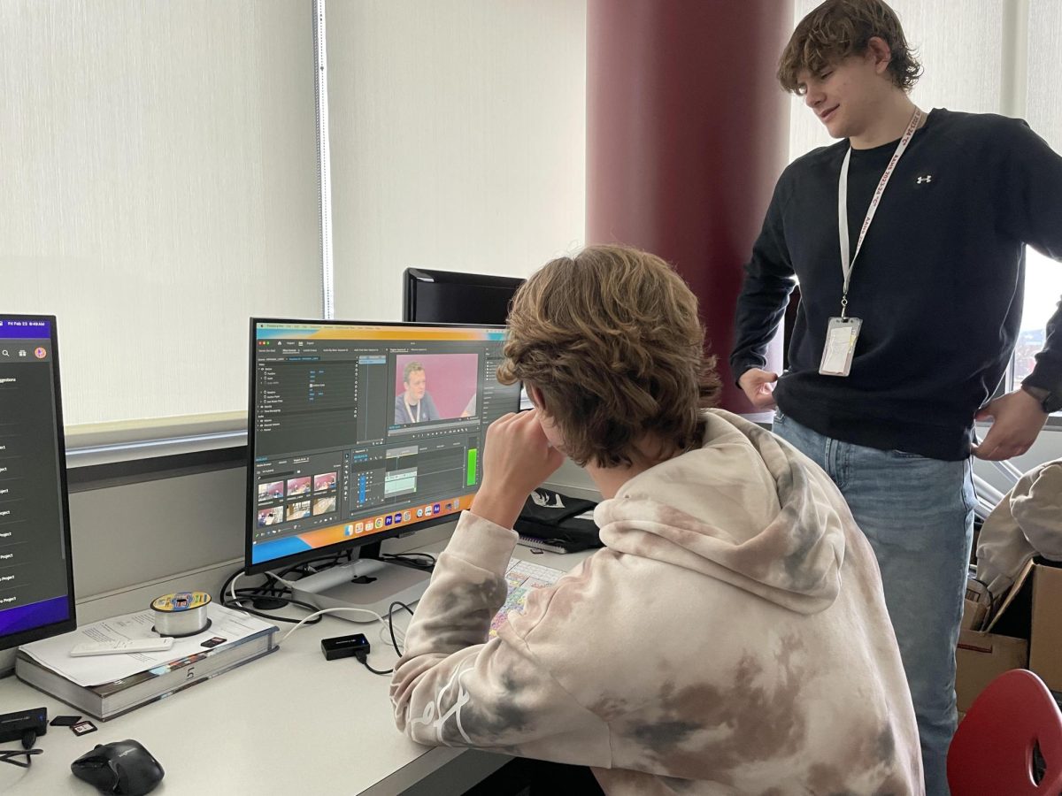 More than it seems. Theres a lot more that goes into Broadcast Journalism than just setting up a camera. Junior Luke Mitchell and senior Caleb Fries edit a skit thats set to appear on the MLTV morning show.