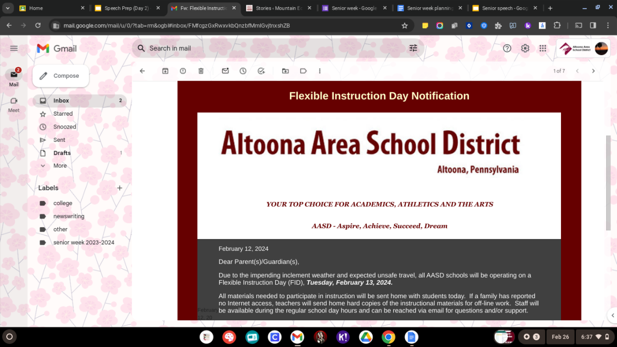Emails for excitement. Students wait to receive an email from the school district announcing a FID. Everyone talks about the possibility of an online day during a storm. 