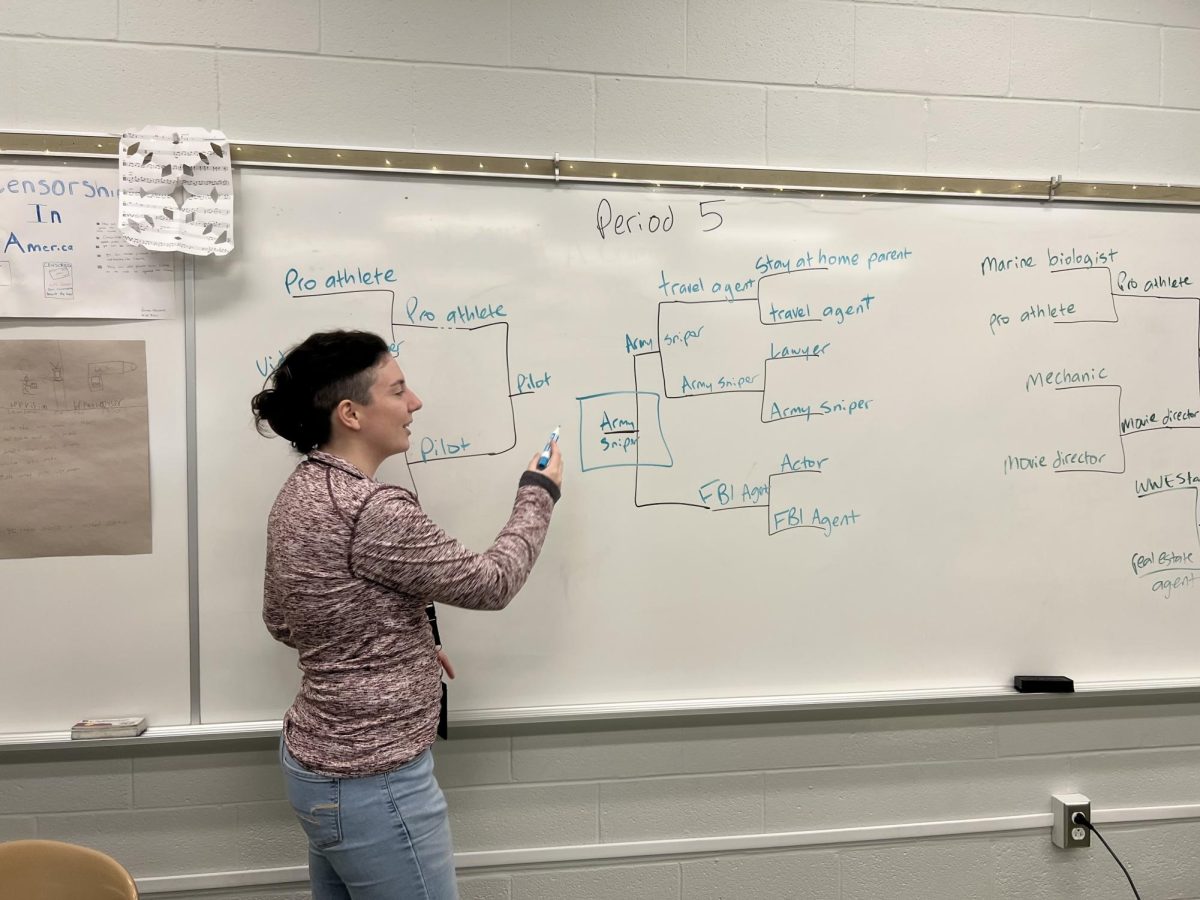 Classroom fun. Audrey Cromell holds a fun bracket where her students vote for the coolest job. Army sniper won in period 5 and Pro athlete won in period 6. 